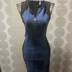 Jean + black fitted dress